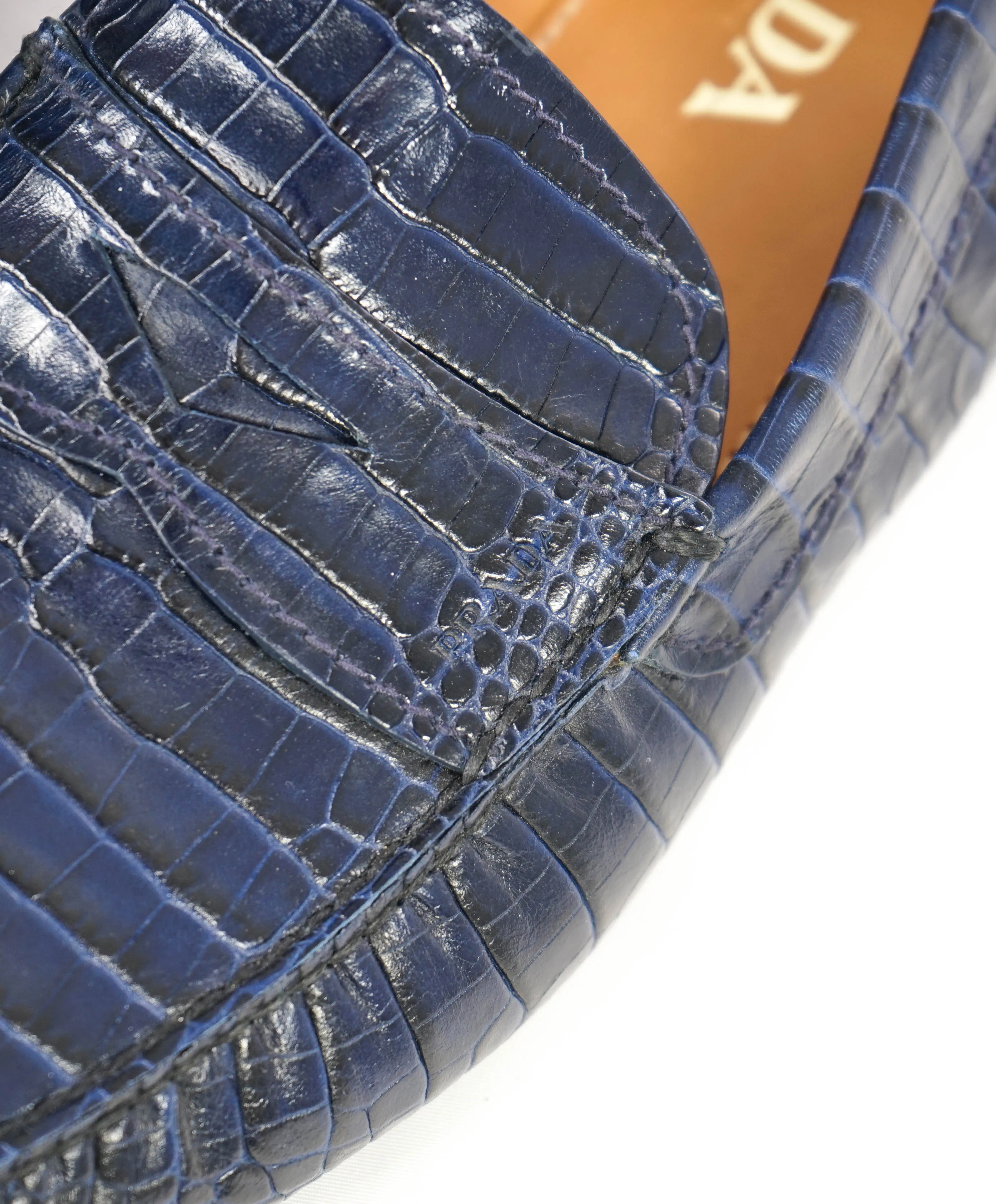 $850 PRADA - Croc & Logo Embossed Blue Penny Loafers - 9.5 (8.5)