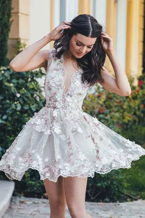 A-Line Floral V-Neck Prom Dress,Short White Tulle Homecoming Dress with Appliques OK419