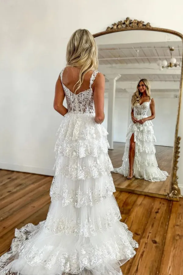 A Line Lace Tiered Stunning Pink Prom Dress With Split TP1239