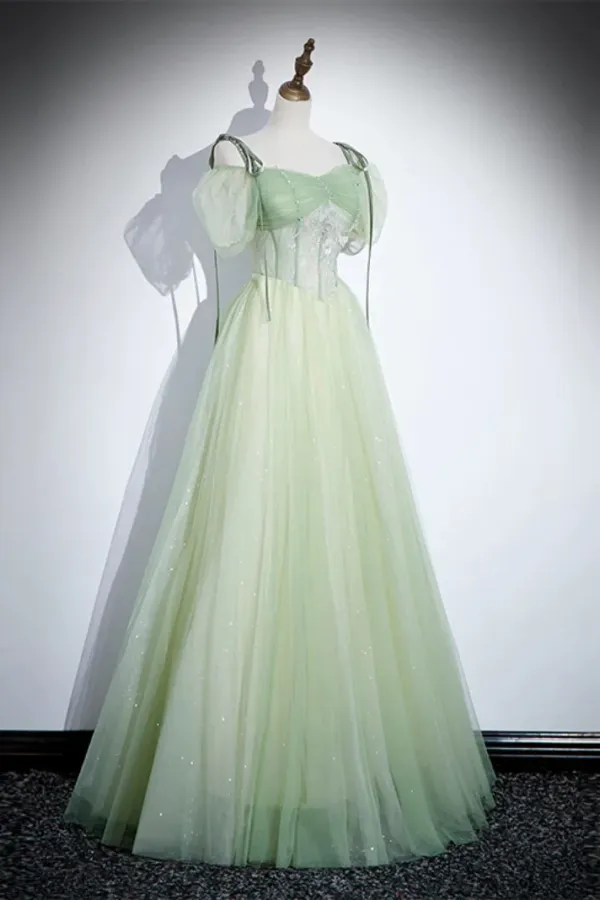 A Line Tulle Lace Green Long Prom Dress, Green Long Evening Dress APP1057