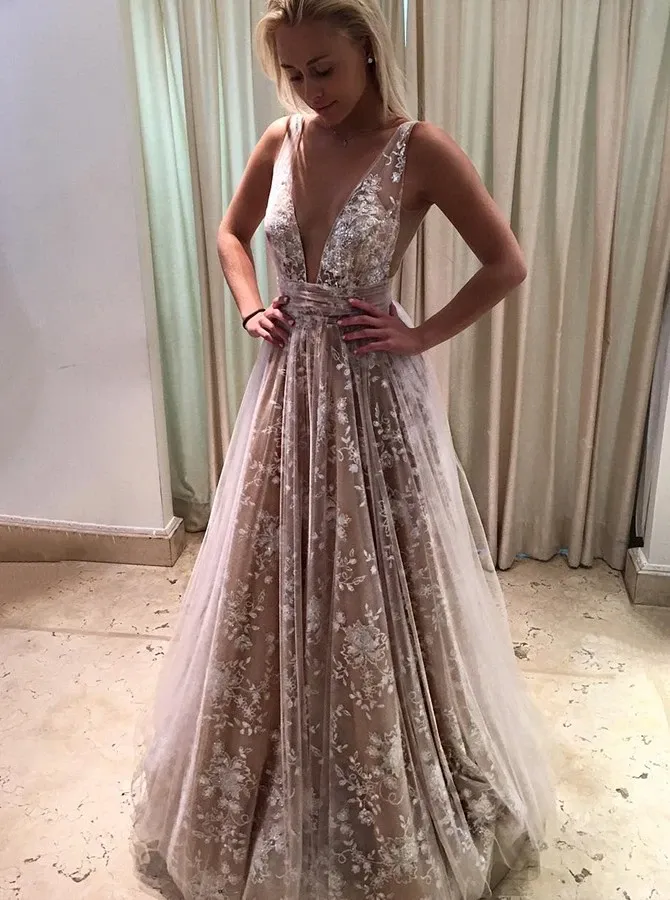 Anneprom A-Line Deep V-Neck Floor-Length Sleeveless Tulle Prom Dress Evening Dress APP0154