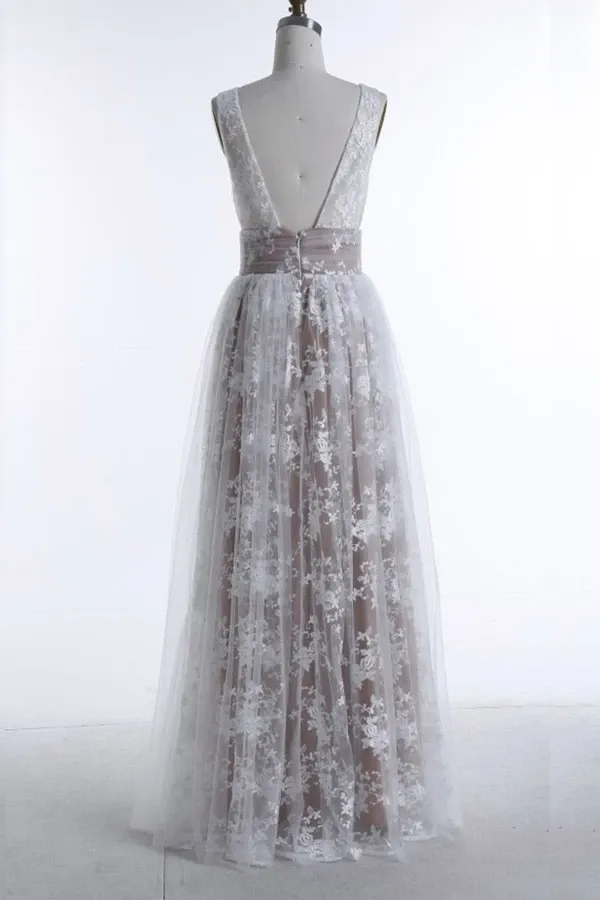 Anneprom A-Line Deep V-Neck Floor-Length Sleeveless Tulle Prom Dress Evening Dress APP0154