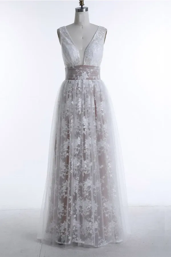 Anneprom A-Line Deep V-Neck Floor-Length Sleeveless Tulle Prom Dress Evening Dress APP0154