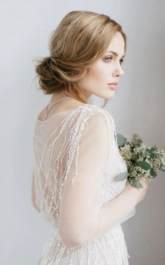 Anneprom Long Sleeve V-Neck Illusion Tulle Weddig Dress With Beading APW0300