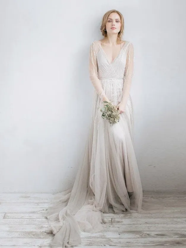 Anneprom Long Sleeve V-Neck Illusion Tulle Weddig Dress With Beading APW0300