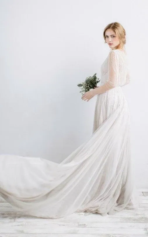 Anneprom Long Sleeve V-Neck Illusion Tulle Weddig Dress With Beading APW0300