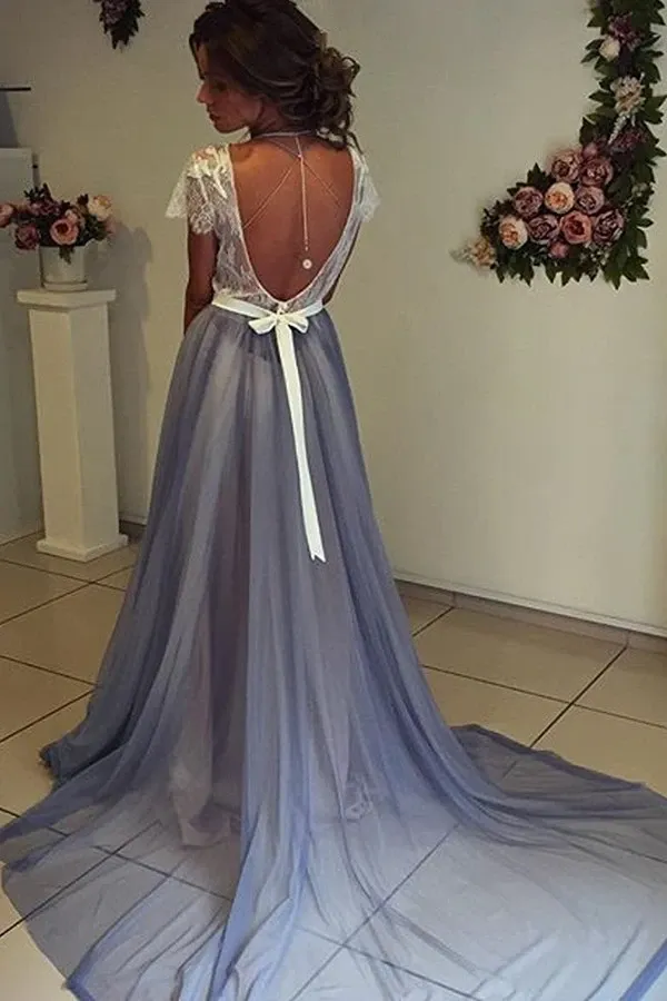 Anneprom Scoop Neckline Cap Sleeves Chiffon Prom Dress With Lace Backless APP0107