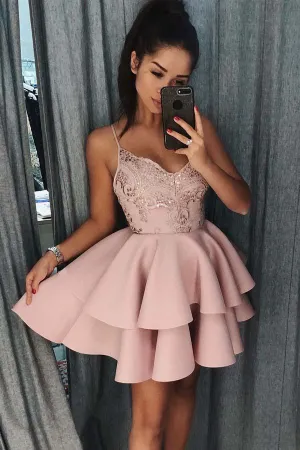 Anneprom Spaghetti Straps Tiered Pink Satin Homecoming Dress With Sequins APH0035
