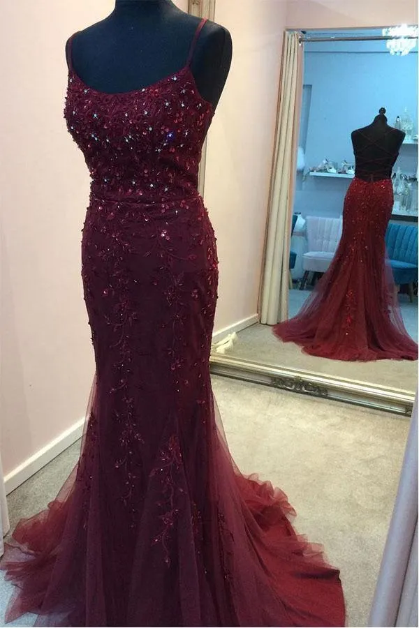 Anneprom Straps Mermaid Burgundy Beaded Long Prom Dress Evening Dress APP0668