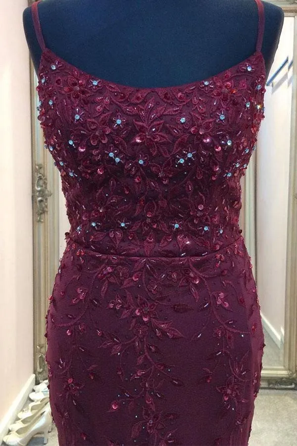 Anneprom Straps Mermaid Burgundy Beaded Long Prom Dress Evening Dress APP0668