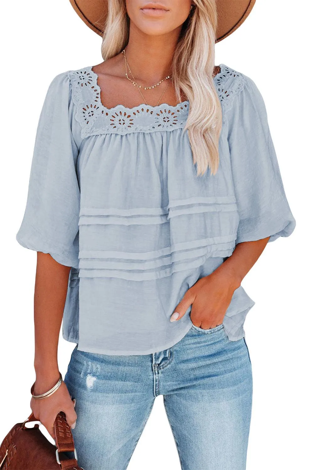 Beige Puff Sleeve Eyelet Babydoll Blouse
