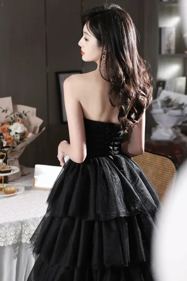 Black Tulle Layers Long Party Dress, A Line Black Tulle Prom Dress APP1121