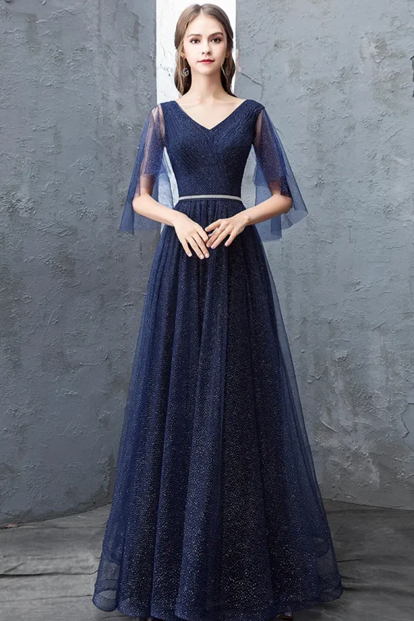 Blue Tulle Long A Line Prom Dress, Cute V Neck Graduation Dress APP0790