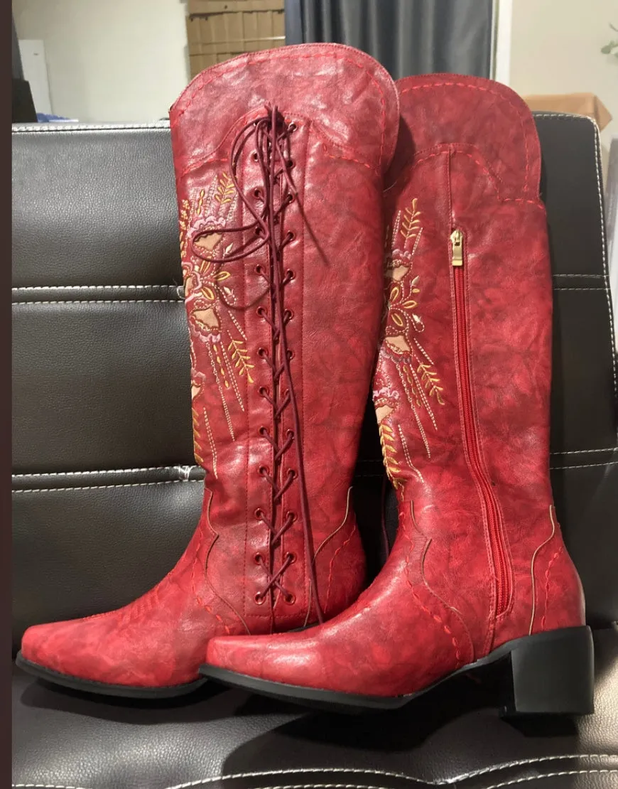 Brown Embroidery Lace-Up Knee Boots