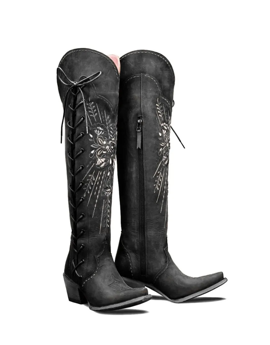 Brown Embroidery Lace-Up Knee Boots