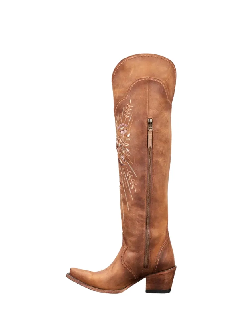 Brown Embroidery Lace-Up Knee Boots