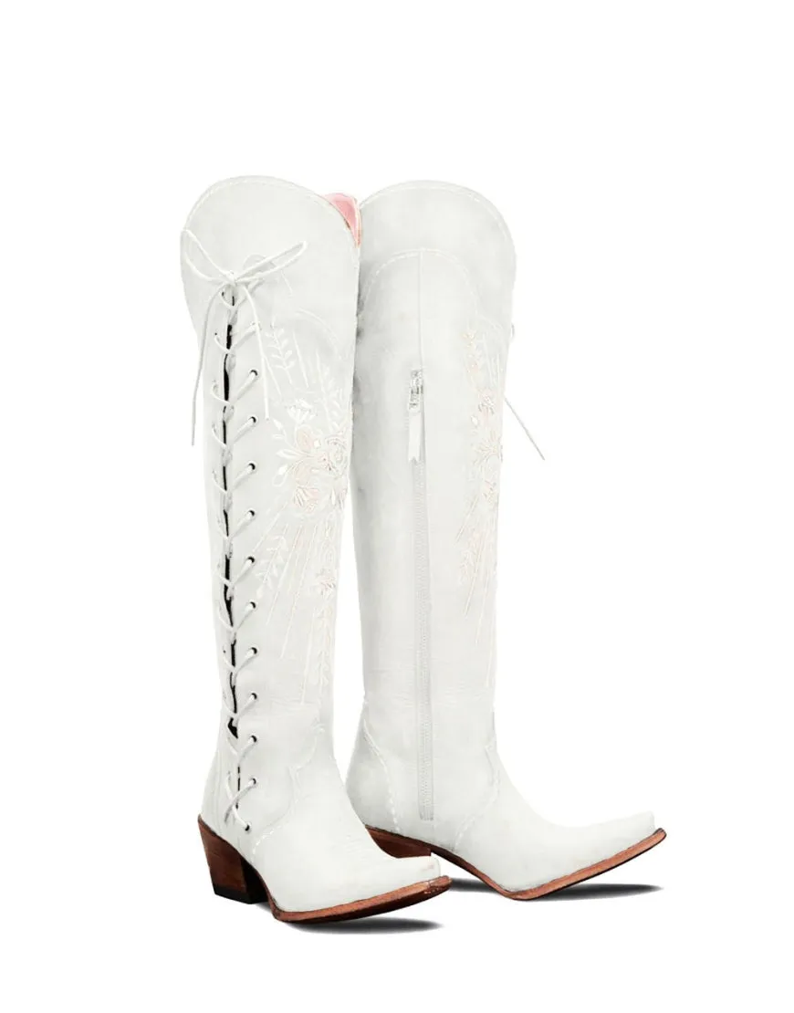 Brown Embroidery Lace-Up Knee Boots