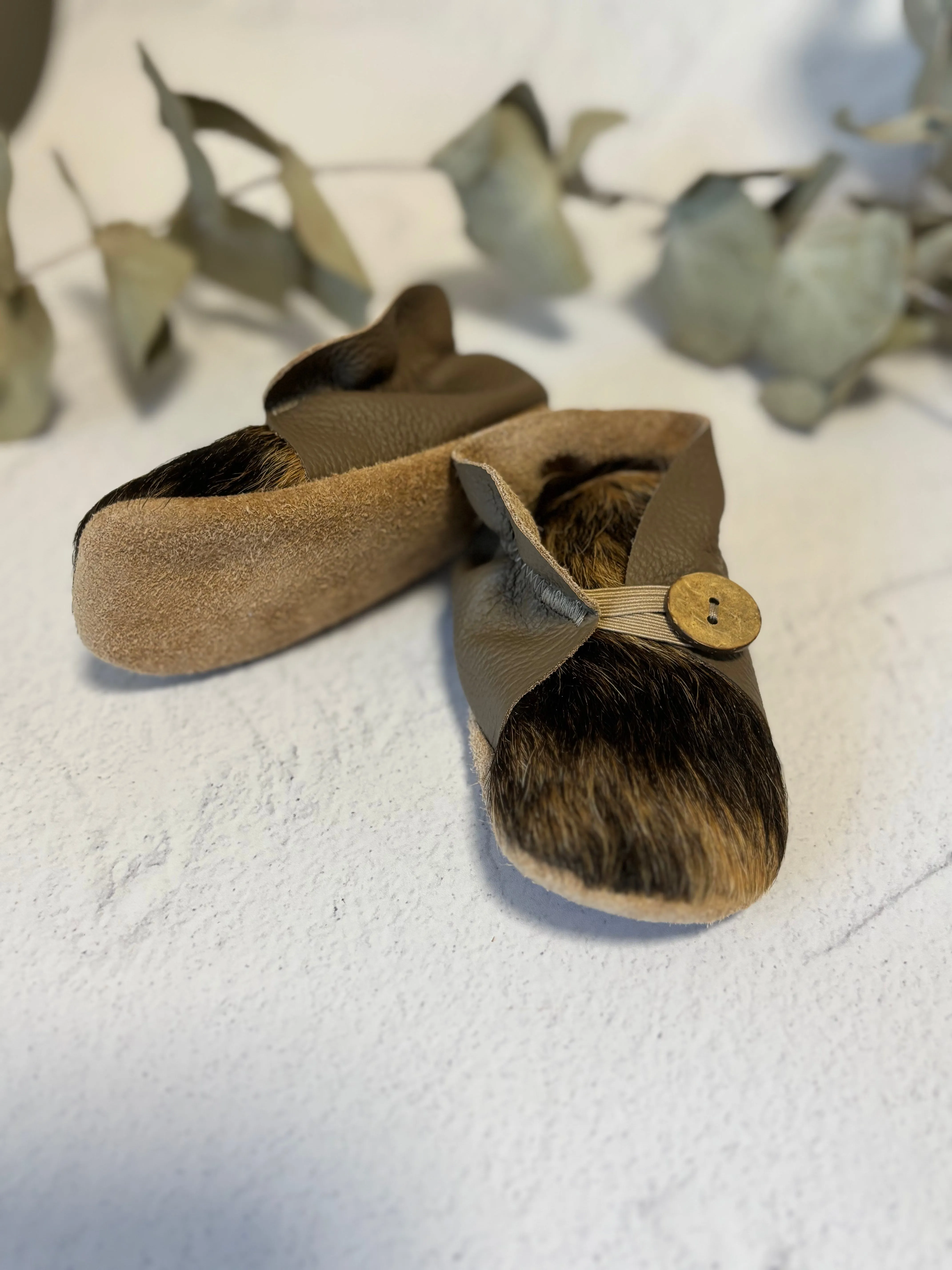 Button Bootie - Mink Leather and Cowhide