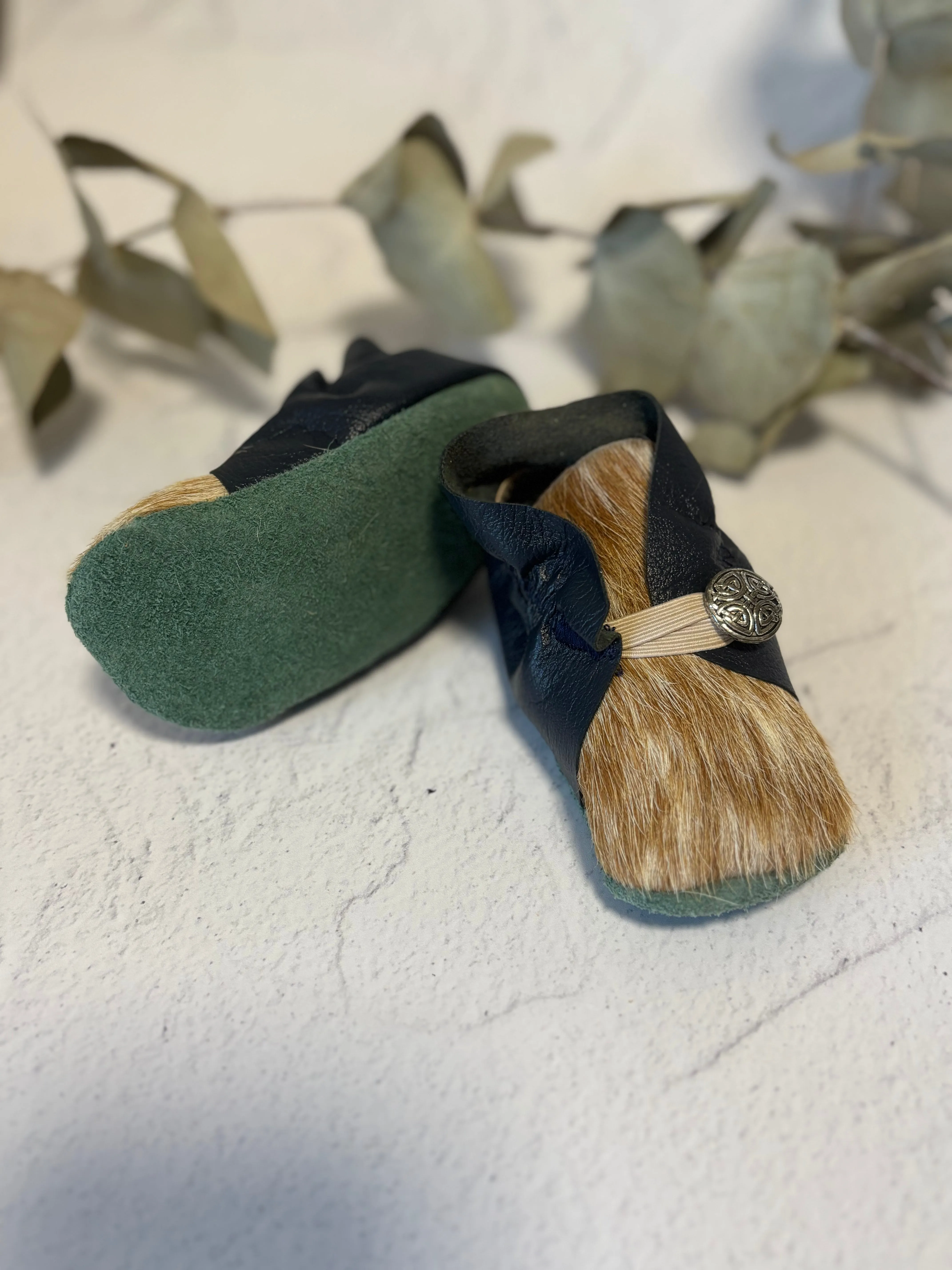 Button Bootie - Navy Leather and Cowhide