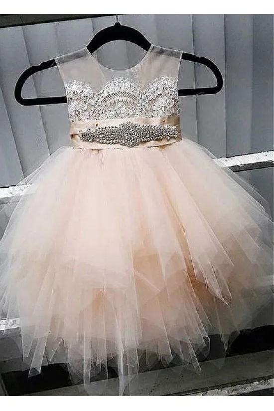 Cute Tulle Jewel Neckline Cap Sleeve Beading Flower Girl Dress With Lace Appliques