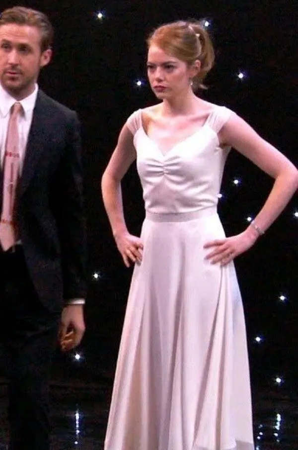 Emma Stone White Dress La La Land Film Prom Dress
