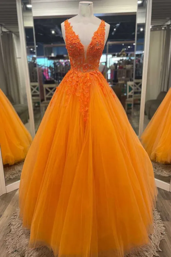 Gorgeous Orange V Neck Floral Tulle Long Prom Evening Dress APP0728