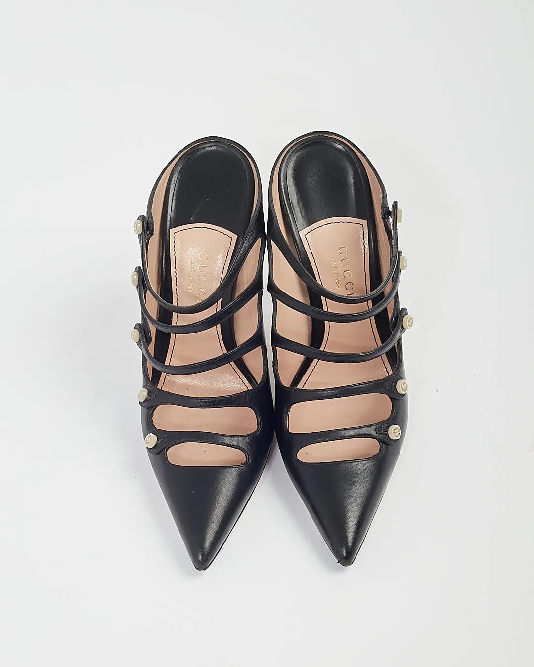 Gucci Black Leather Point Toe Strap Mule Heel - 38