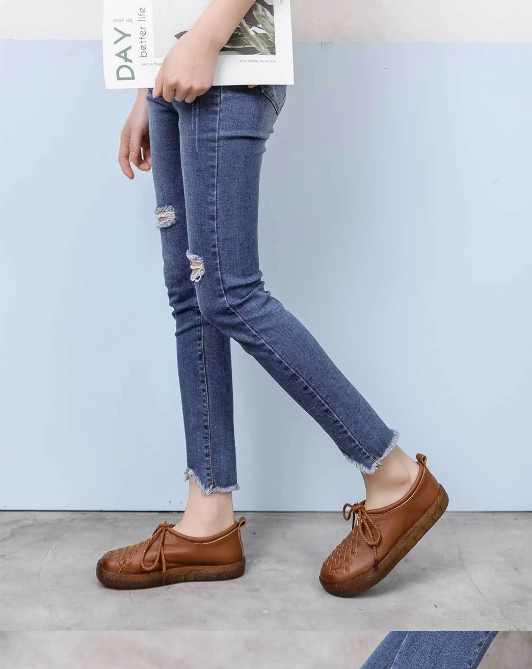 Handmade Women Leather Flat Leather Vintage Shoes Soft Sole Woven Shoes