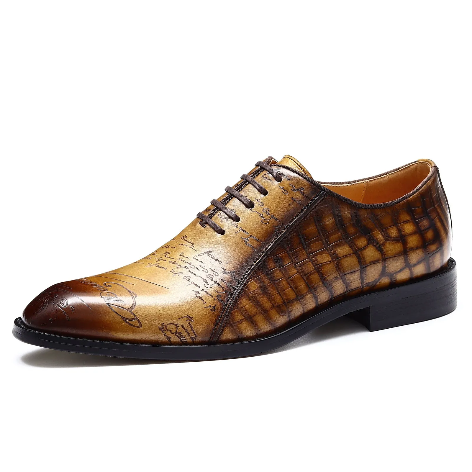 Leather Shoes Men's First Layer Cowhide Leather Vintage Crocodile Pattern Oxford Shoes Business Formal Wear Groom Wedding Shoes68870