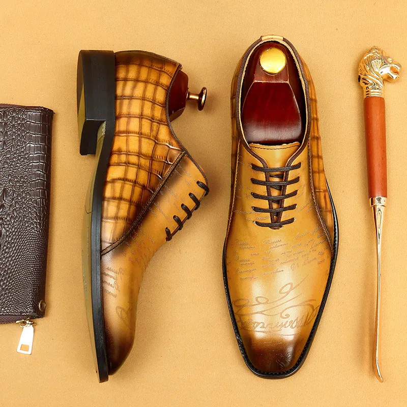 Leather Shoes Men's First Layer Cowhide Leather Vintage Crocodile Pattern Oxford Shoes Business Formal Wear Groom Wedding Shoes68870