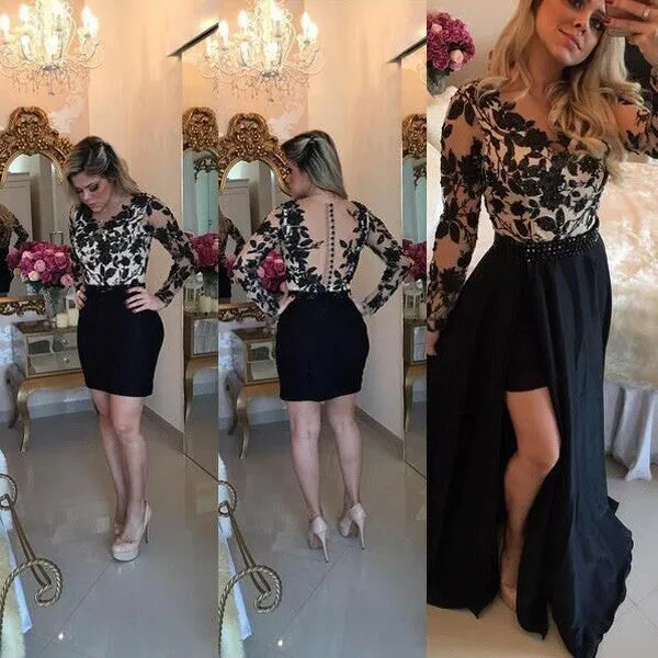 Long Sleeves Prom Dresses, Short Prom Dresses, Barbara Melo Lace Applique Prom Dresses, SI02