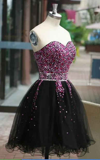 Lovely Beaded Black Tulle Short Homecoming Dress, Lace-up Black Formal Dress