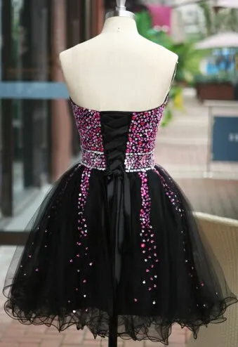 Lovely Beaded Black Tulle Short Homecoming Dress, Lace-up Black Formal Dress