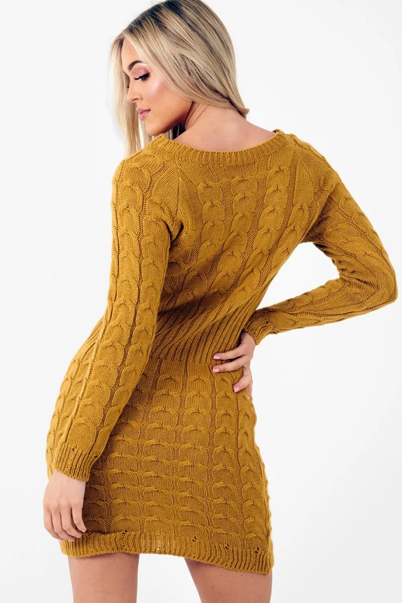 Mustard Cable Knit Jumper Midi Dress - Jaylie