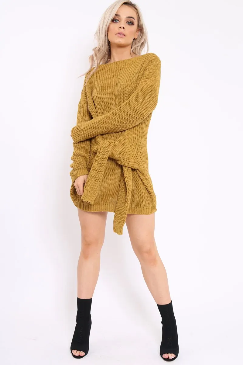 Mustard Tie Front Knitted Jumper Dress - Harley