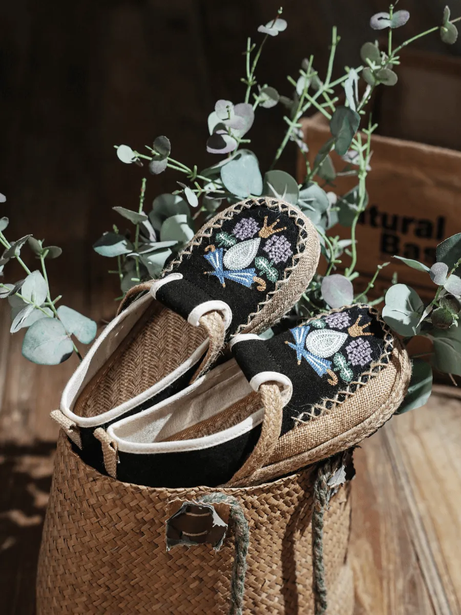 Pattern Embroidered Linen Espadrille Loafer - Black