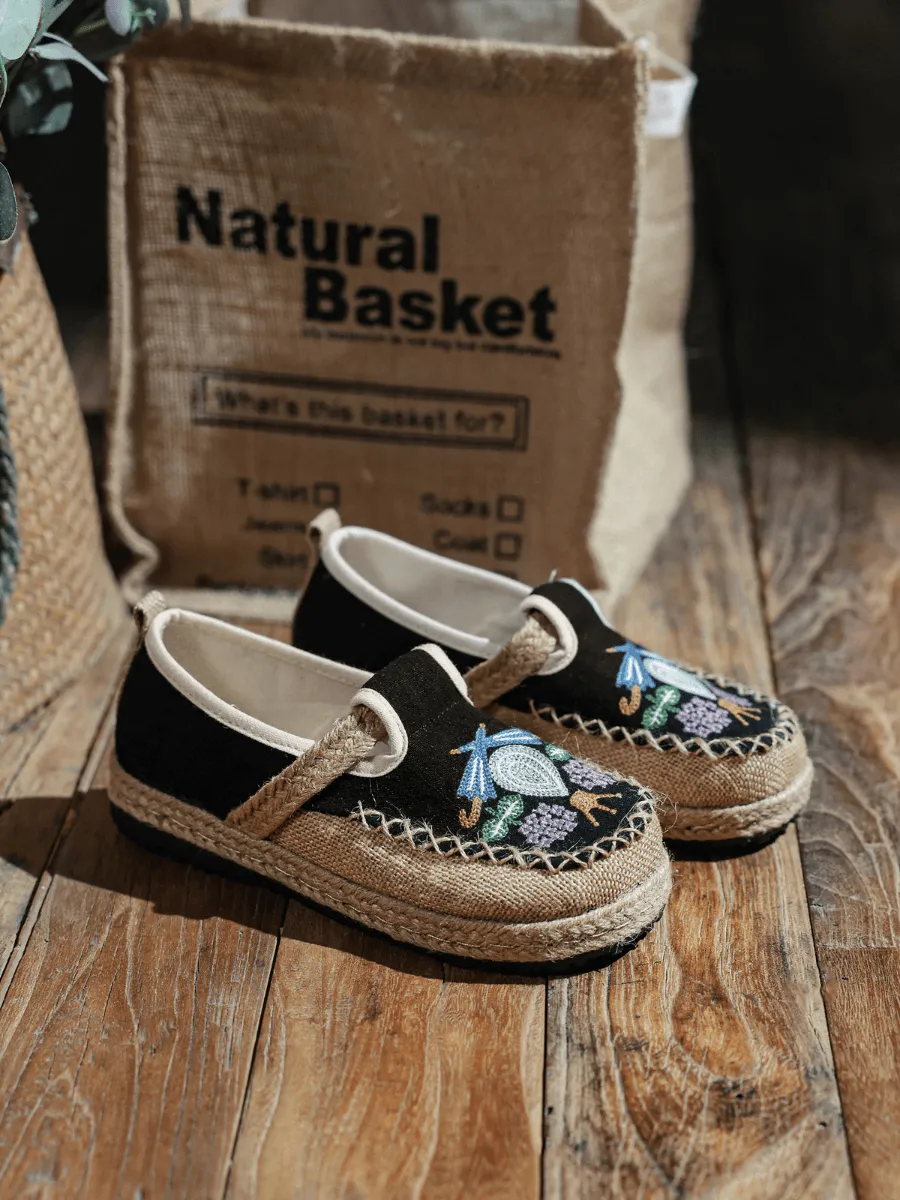Pattern Embroidered Linen Espadrille Loafer - Black