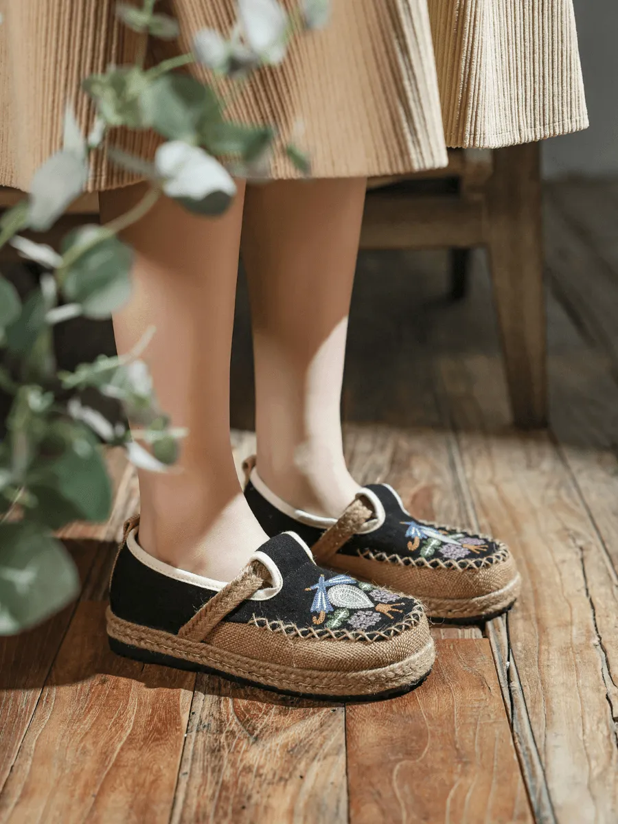 Pattern Embroidered Linen Espadrille Loafer - Black