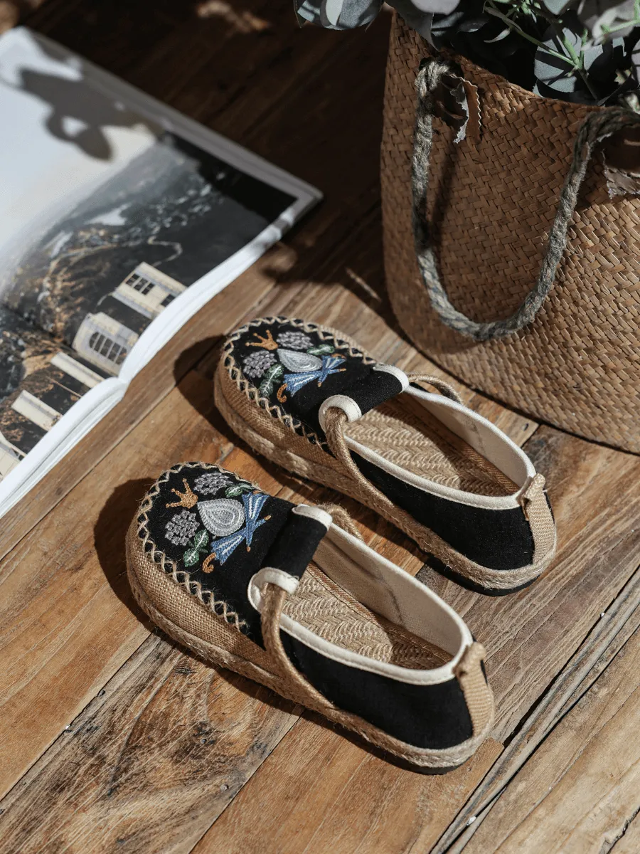 Pattern Embroidered Linen Espadrille Loafer - Black