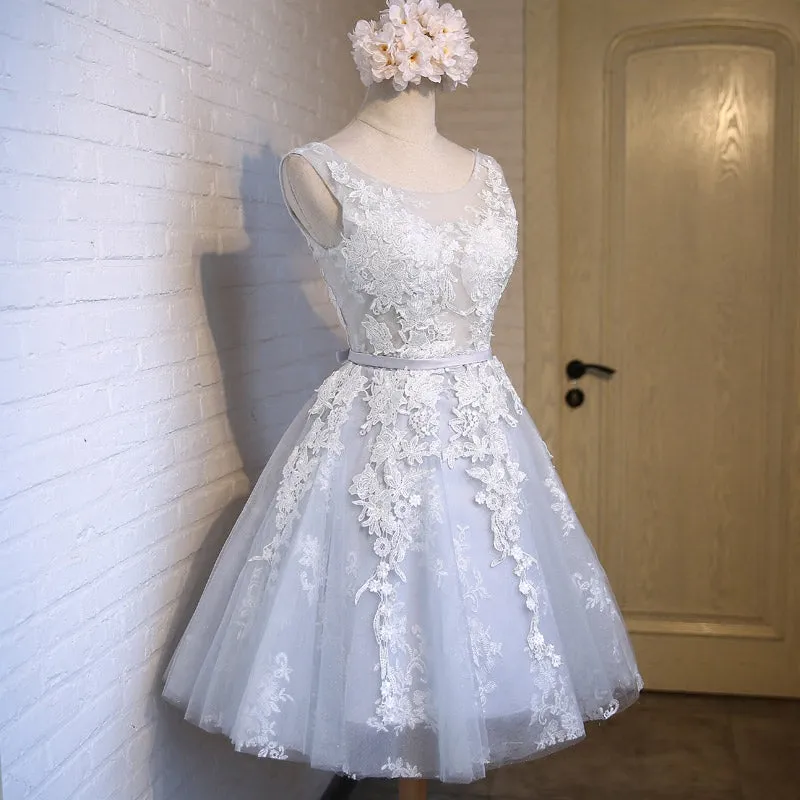 Pretty Grey Short Round Neckline Party Dress, Grey Homecoming Dresses, Lace-up Graduation Dresses