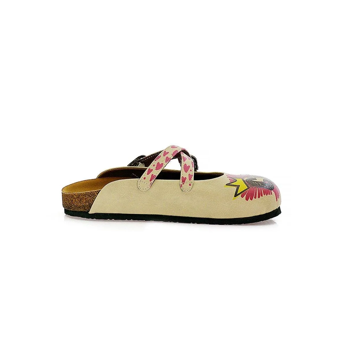 Purple, Green, Yellow, Blue Eyes, Purple Heart, Green Round, Girl and Fashion is My Love Written Beige Patterned Clogs - CAL114