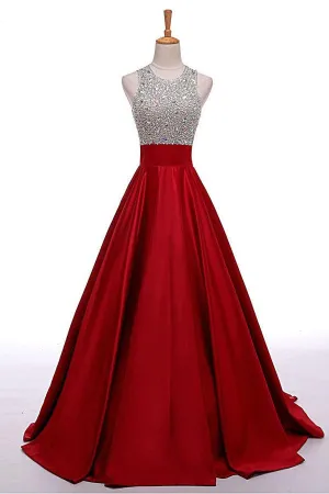 Red Long Beading A-line Prom Dress, Cheap Satin Formal Evening Dresses For Teens OK153