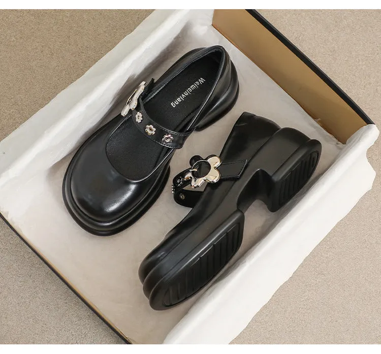 Retro Round Toe Thick Sole Mary Jane Shoes Thick Heel Women's Shoes