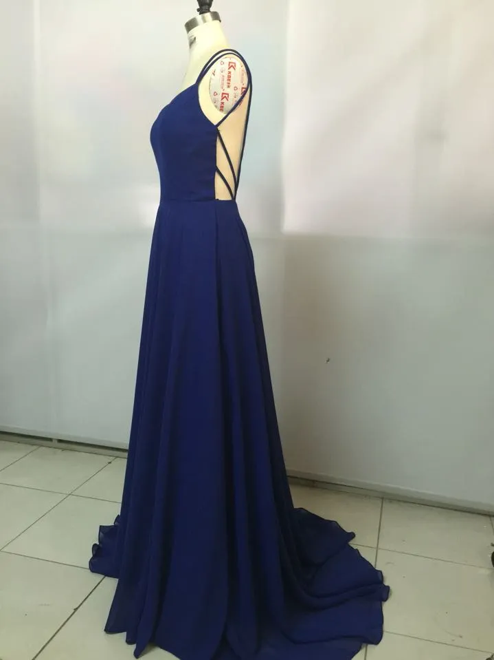 Royal Blue Straps Chiffon Handmade Prom Gowns, Prom Dress , Party Dresses