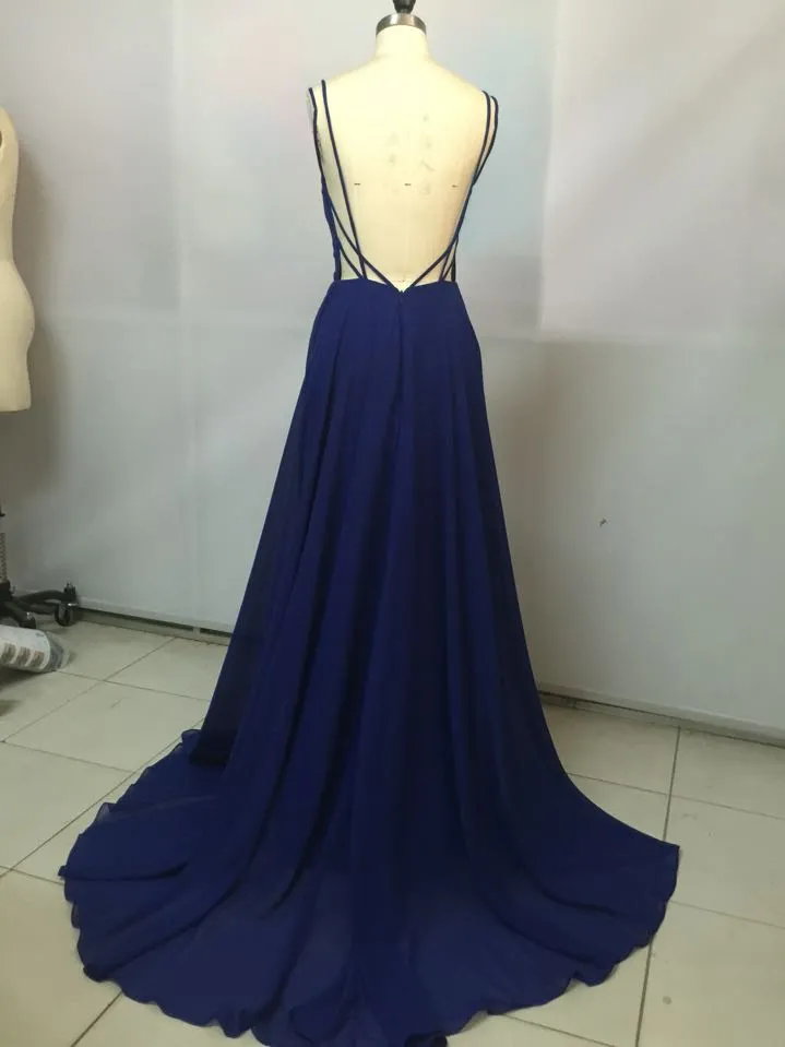 Royal Blue Straps Chiffon Handmade Prom Gowns, Prom Dress , Party Dresses
