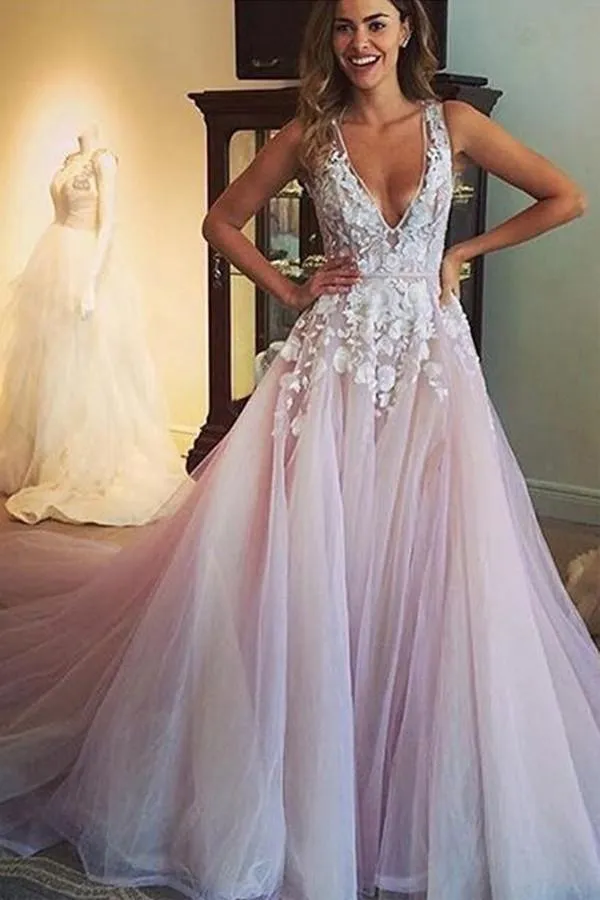 Scoop V-neck Long Wedding Dress with Appliques PG359