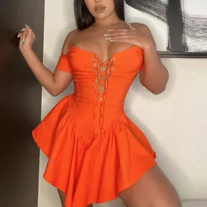 Solid Off Shoulder Lace Up Ruffle Design Mini Dress