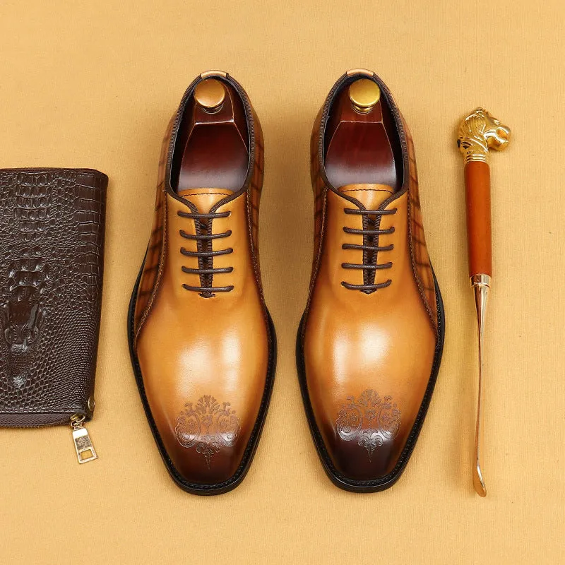 Top Layer Cowhide Men's Leather Shoes Men's Leather Shoes Authentic Leather British Style Carved Color Matching Business Formal Wear Square Toe Oxford Shoes68916
