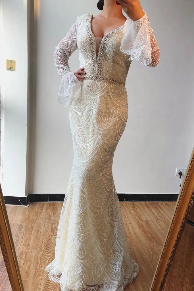 Trumpet/Mermaid V neck Lace Beaded Long Sleeves Prom Dress Formal Elegant Evening Gowns OKS74
