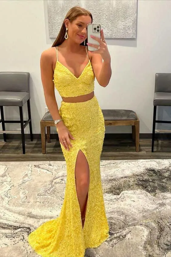 Two Piece Mermaid Orange Sequins Long Prom Formal Dress  PSK316